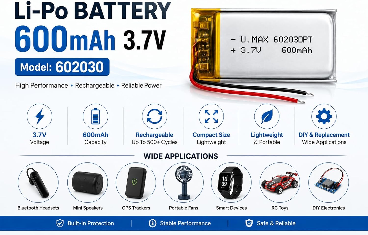 بطارية ليثيوم بوليمر 602030 سعة 600mAh 3.7V قابلة لإعادة الشحن للأجهزة الإلكترونية 4